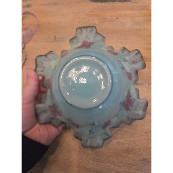 6" Fenton Charleston Opaque Blue Overlay Leaves & Grapes Ruffled Edged Glass... - Picture 4 of 6